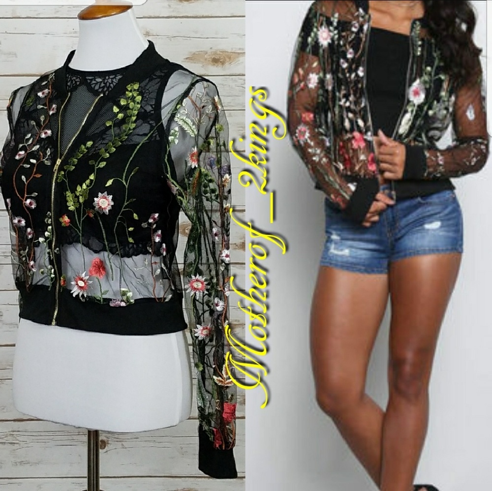 5🌟RATED ♠BLACK SHEER FLORAL BOMBER JACKET